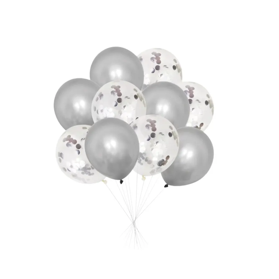 Ballonger m/konfetti 10-pk. - sølv Sølv og transparent med sølvkonfetti