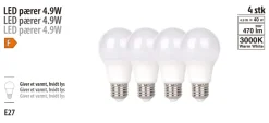 Clearance LED-pære E27 standard 4,9 W E27 4-pk.
