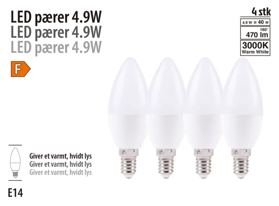 Discount LED-pære 4-pk mignon E14 4,9 W
