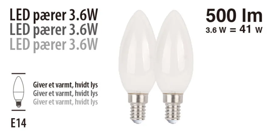 Sale LED-pærer kerte 3,6 W E14 - 2 pk.