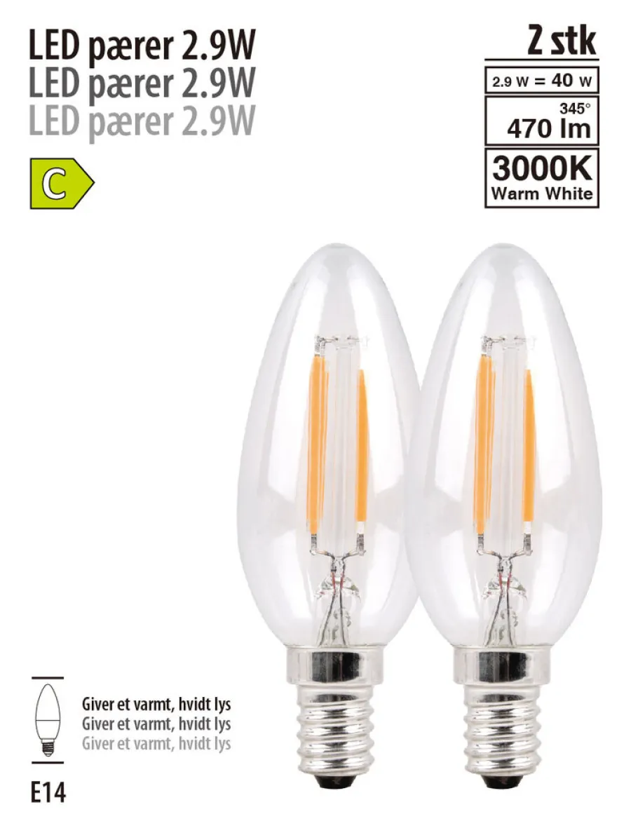 Sale LED-pærer kerte 2,9 W E14 - 2 pk.