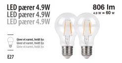 Clearance LED-pærer standard 4,9 W E27 - 2-pk.
