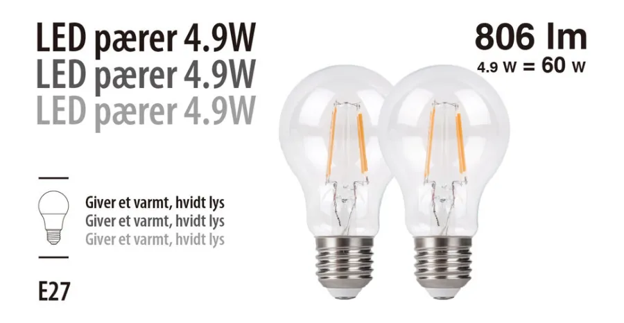 Clearance LED-pærer standard 4,9 W E27 - 2-pk.