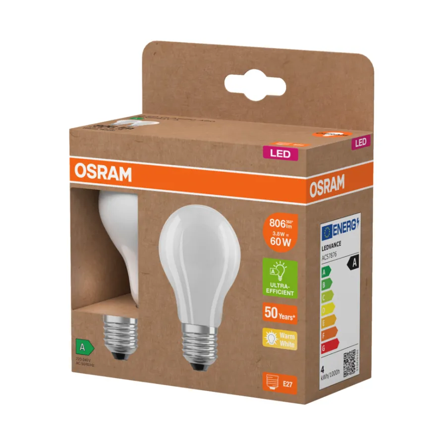 Hot Osram LED matt standardpære E27 3,8 W 2-pk.