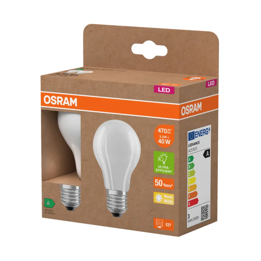 Outlet Osram LED matt standardpære E27 2,2 W 2-pk.