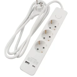 Online Elworks Skjøteledning 3-veis med USB-A/USB-C Hvit