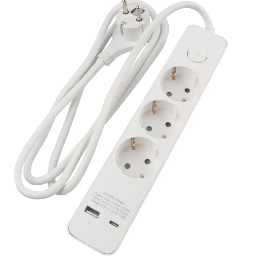 Online Elworks Skjøteledning 3-veis med USB-A/USB-C Hvit