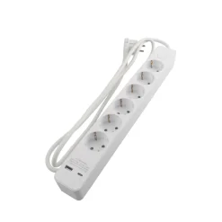 New Elworks Skjøteledning 6-veis schuko m/USB og bryter hvit 1,5 m
