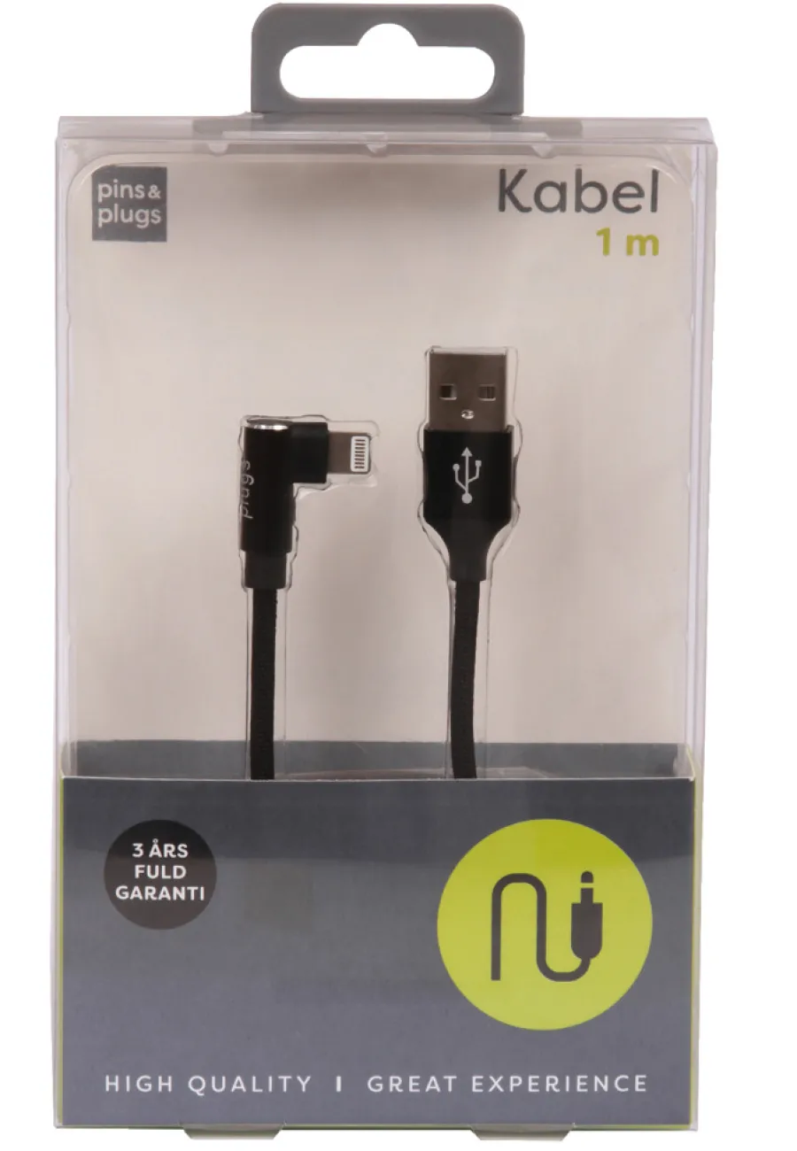 New PhoneFood USB-A til lightning-kabel med 90-graders plugg – 1 meter