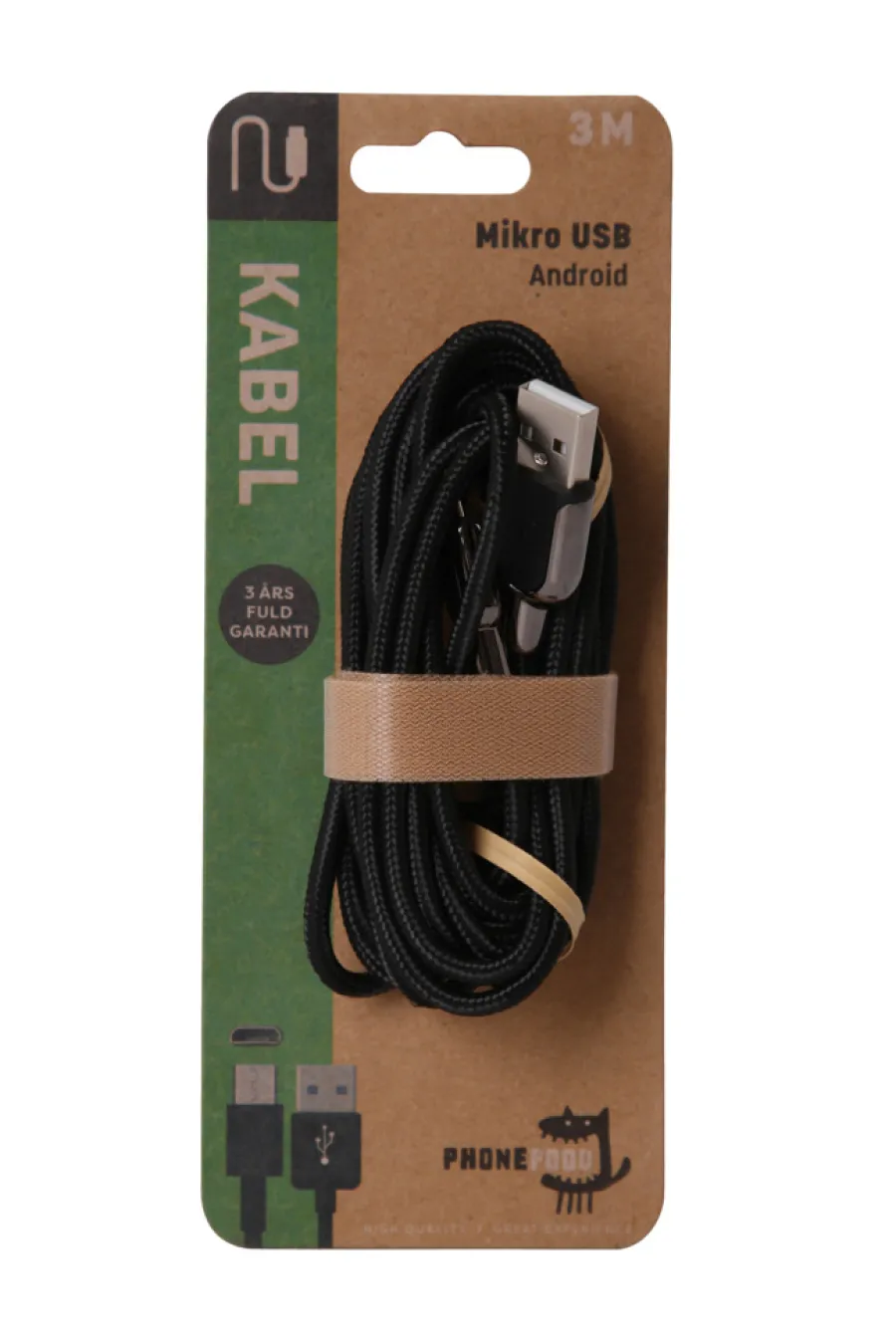 New PhoneFood USB-A til micro USB kabel - 3 meter